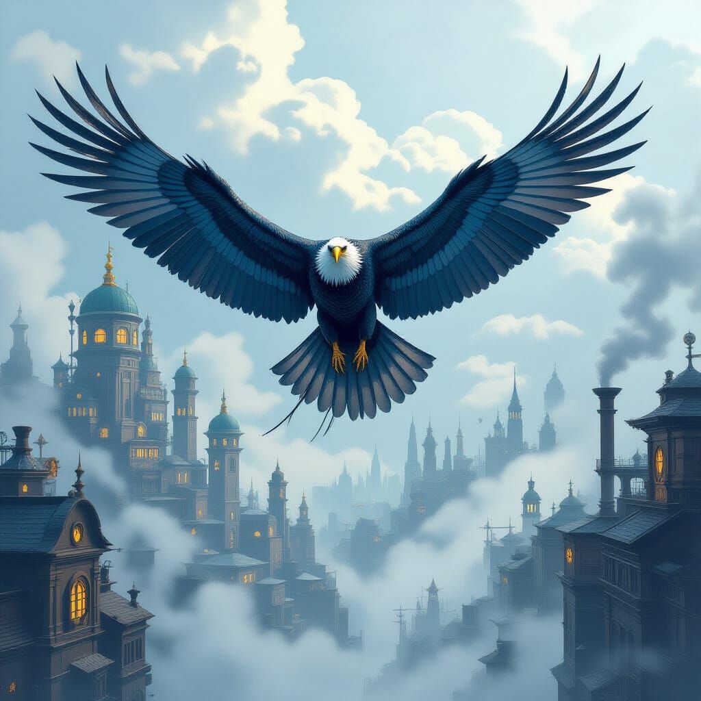 Clockwork Condor Soars Over Misty Steampunk City