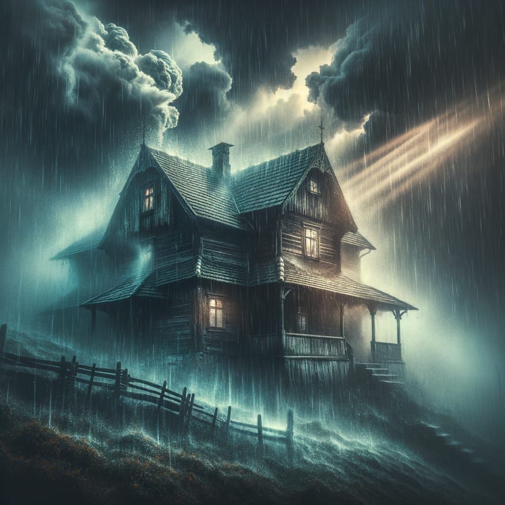 Stormy Dark Fantasy: Ancient House in Torrential Rain