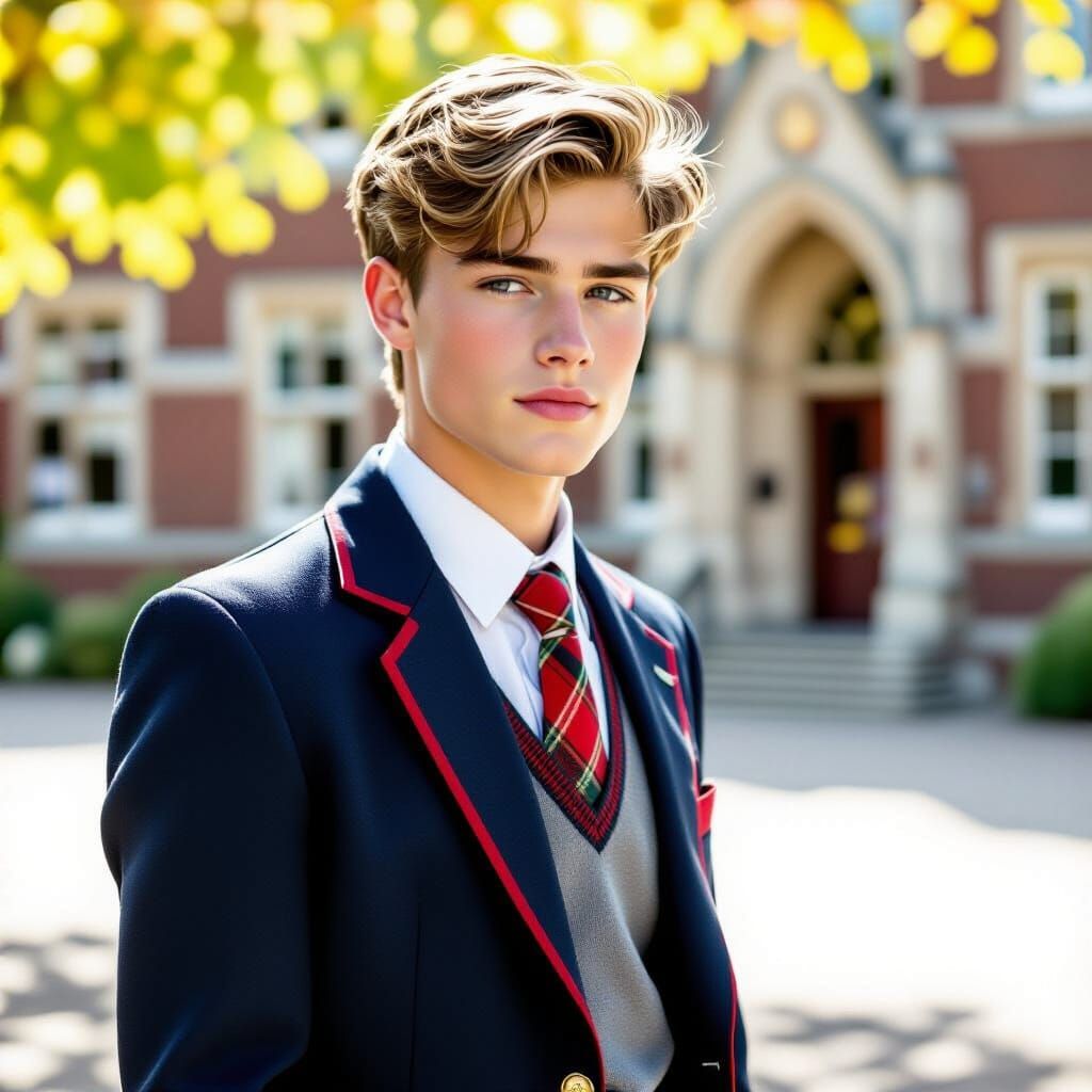 Young Man in English Uniform on University First Day