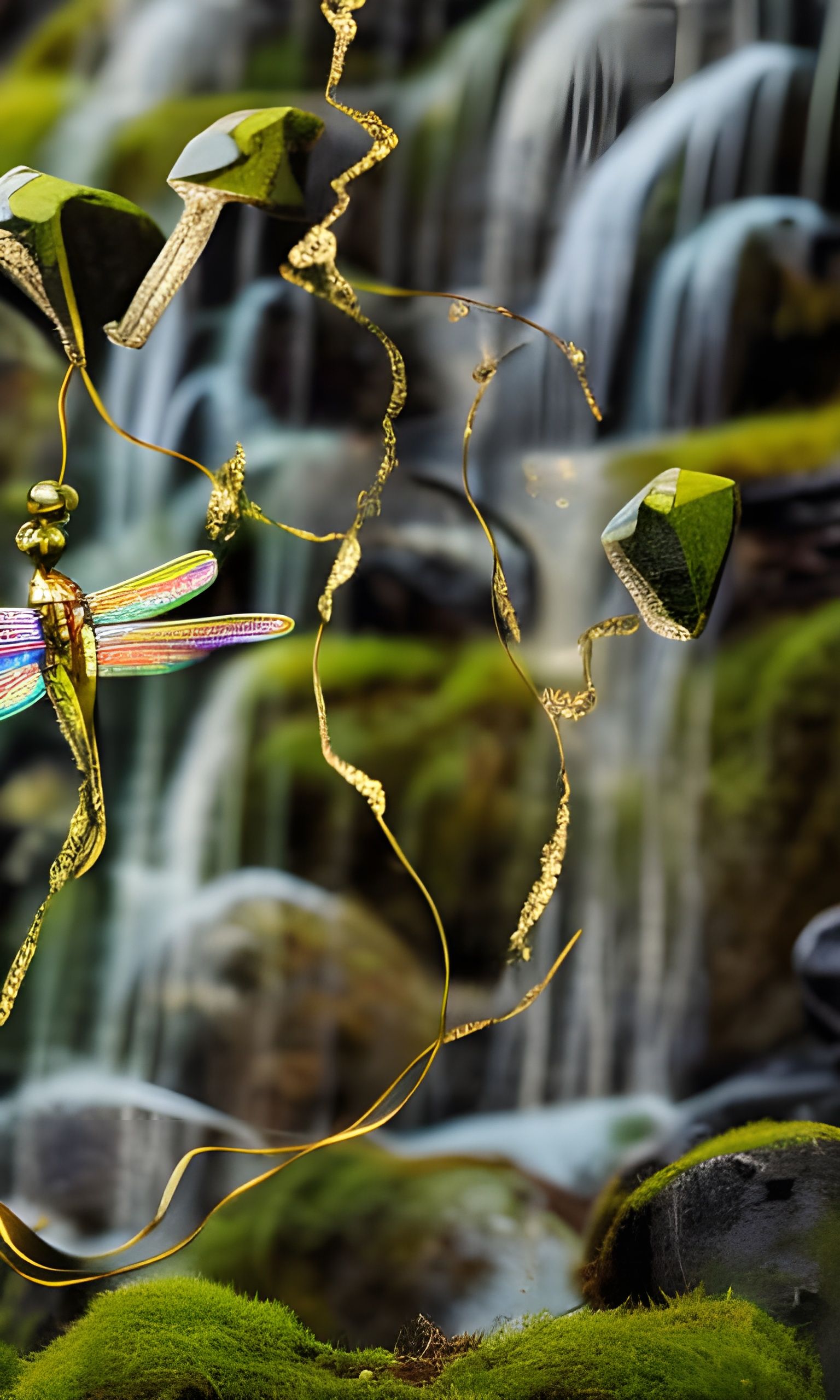 Iridescent Kintsugi Dragonflies Climb Mossy Waterfall