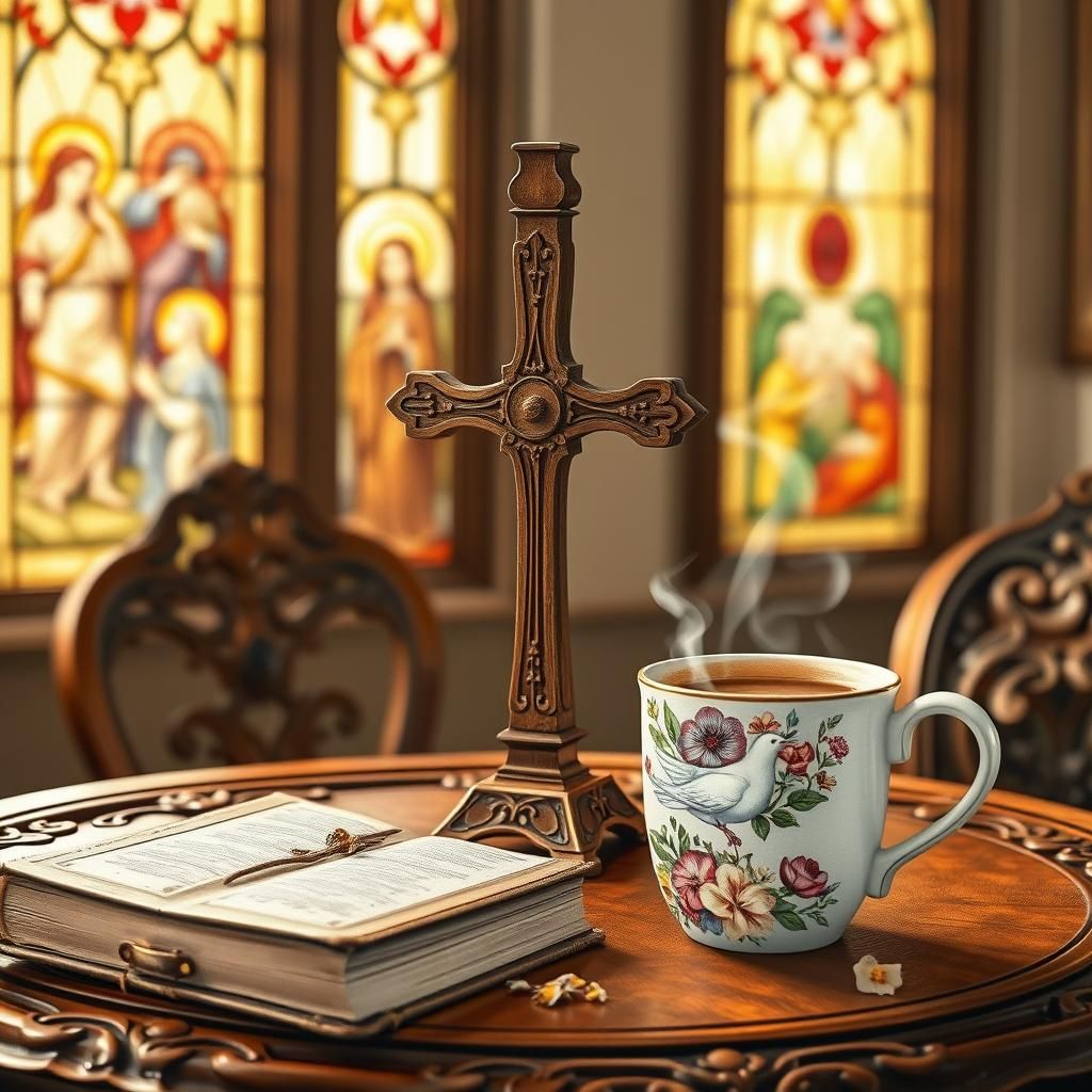 Contemplative Woman with Cross and Coffee, Watercolour Style