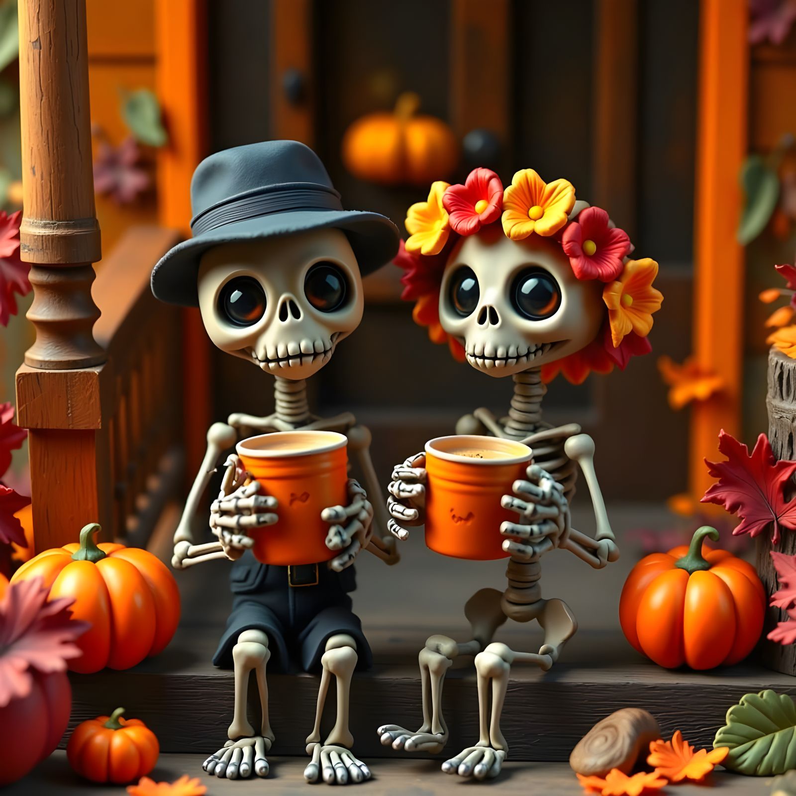 Spooky Skeletons Enjoy Autumn Vibes with Pumpkin Lattes