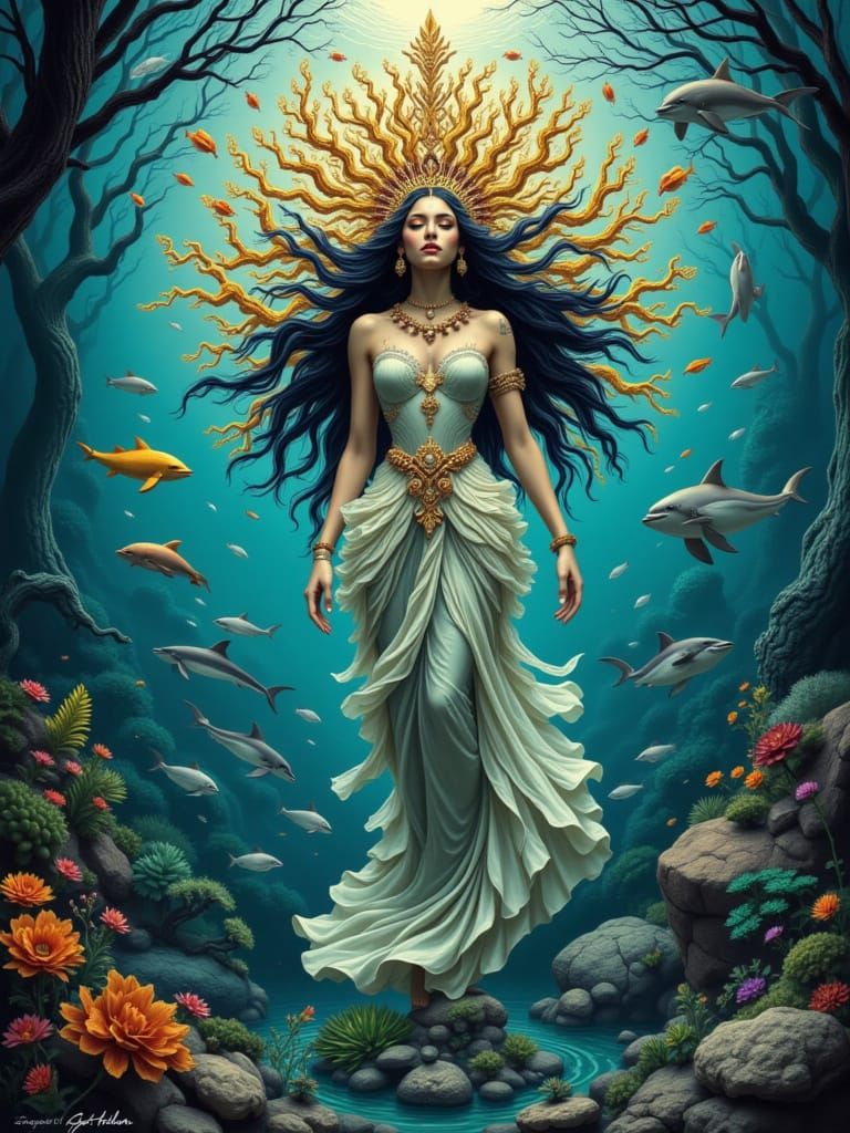 Sea Goddess Crowned with Coral and Pearls in Fantasy Style