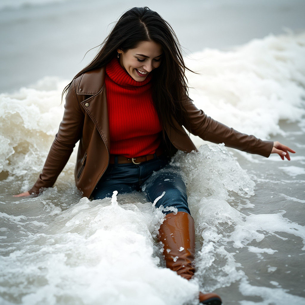 Woman Wades in Surf on Rainy Morning