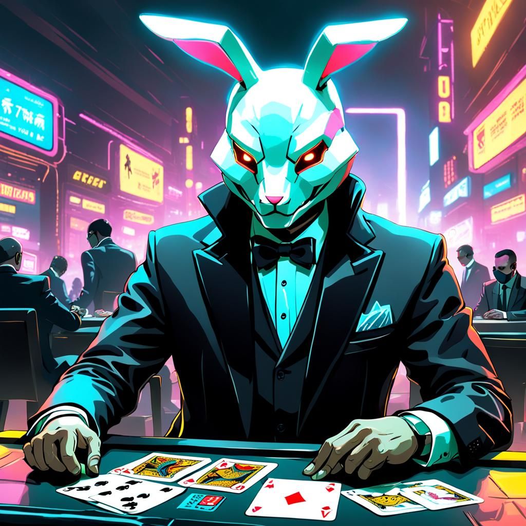 Rabbit Masked Man Plays Cards in Cyberpunk Neon