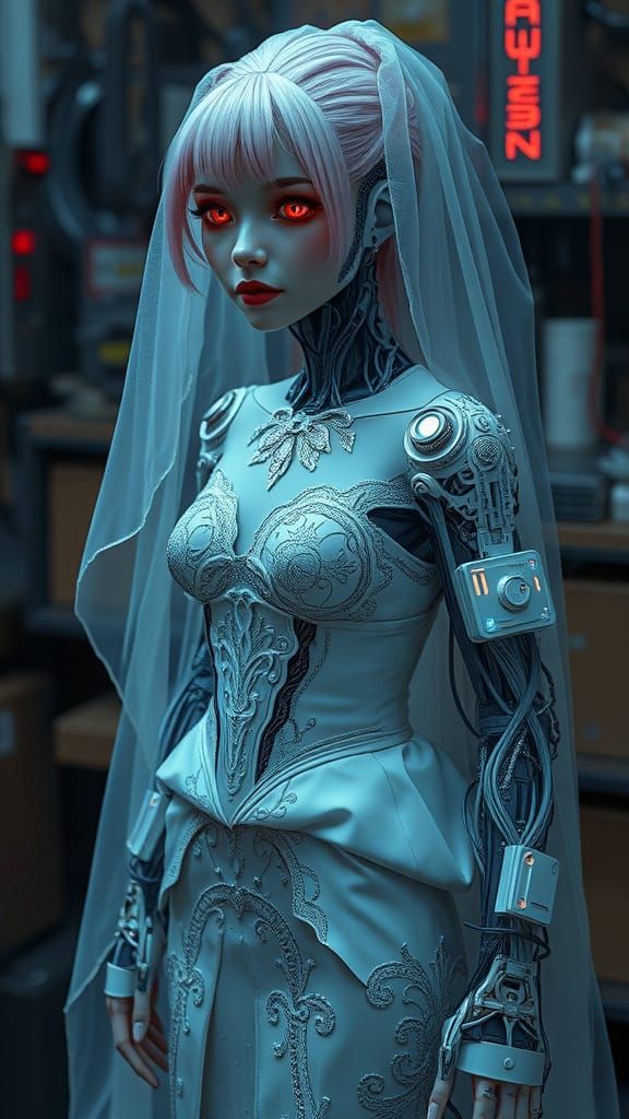 Cybernetic Bride with Glowing Circuitry