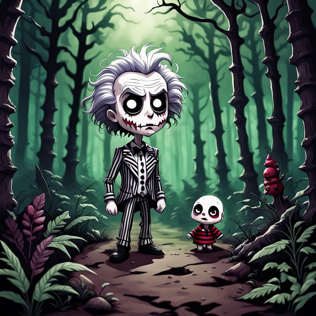 Chibi Beetlejuice in Dark Fantasy Forest