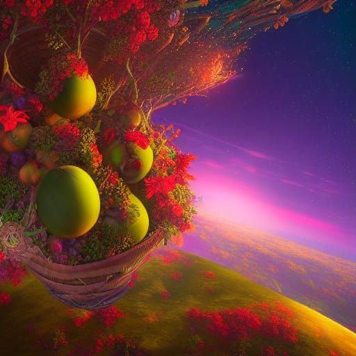 Majestic Fruit Basket in Cosmos: Hand-Drawn Art