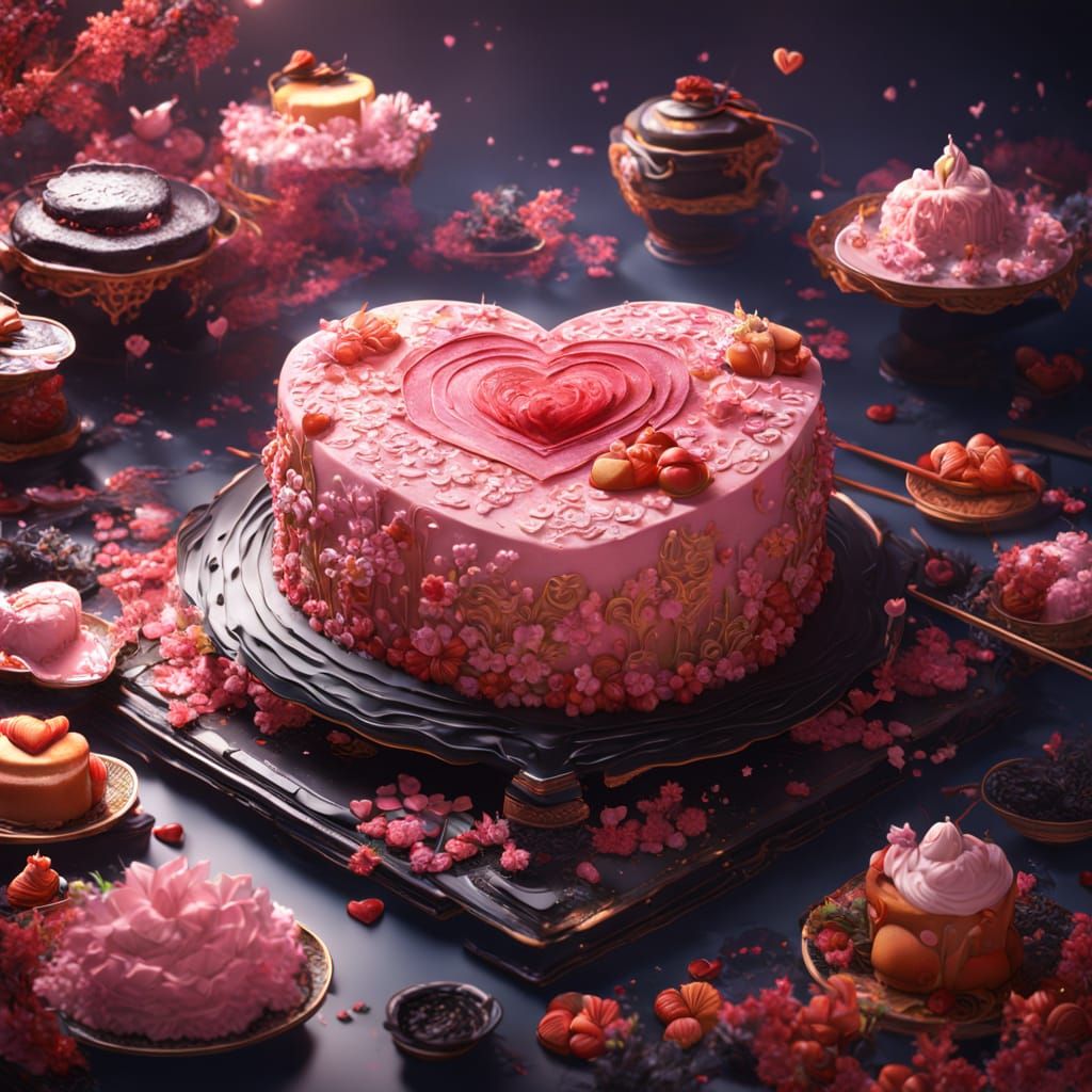 Surreal Japanese Dessert Landscape with Heart-Shaped Cake