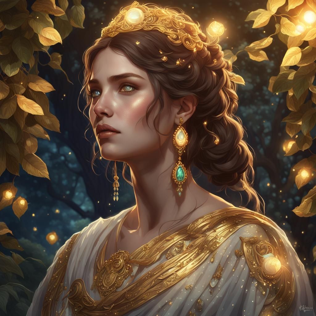 Demigoddess Portrait in Garden with Volumetric Lighting