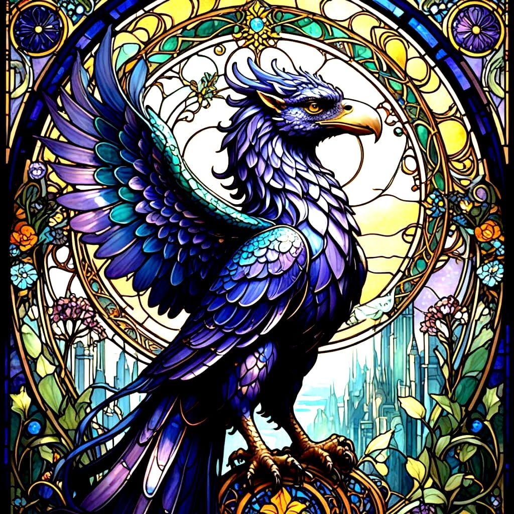 Art Nouveau Griffin Over Futuristic Cityscape at Dawn