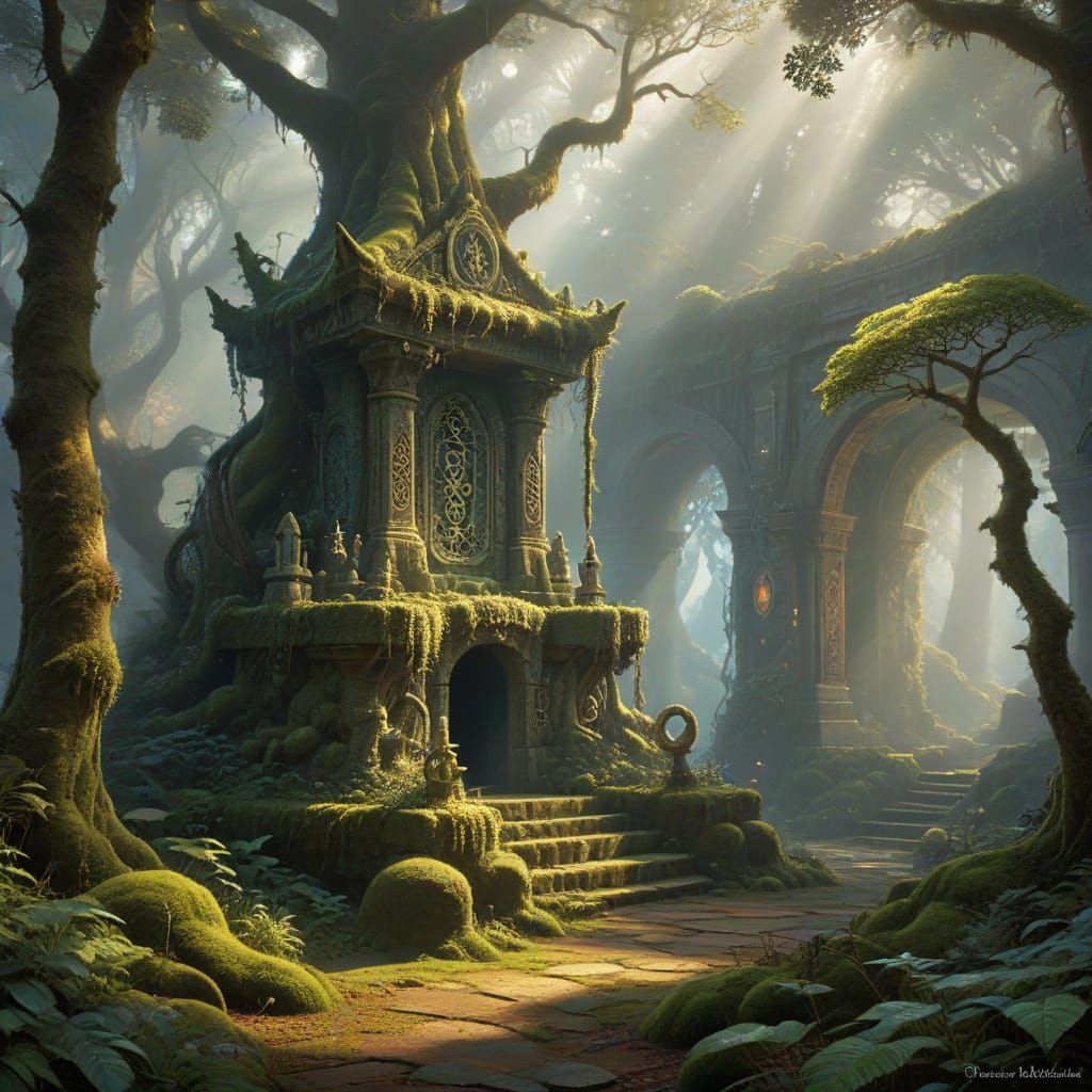 Sunlit Ancient Altar in Mystical Forest