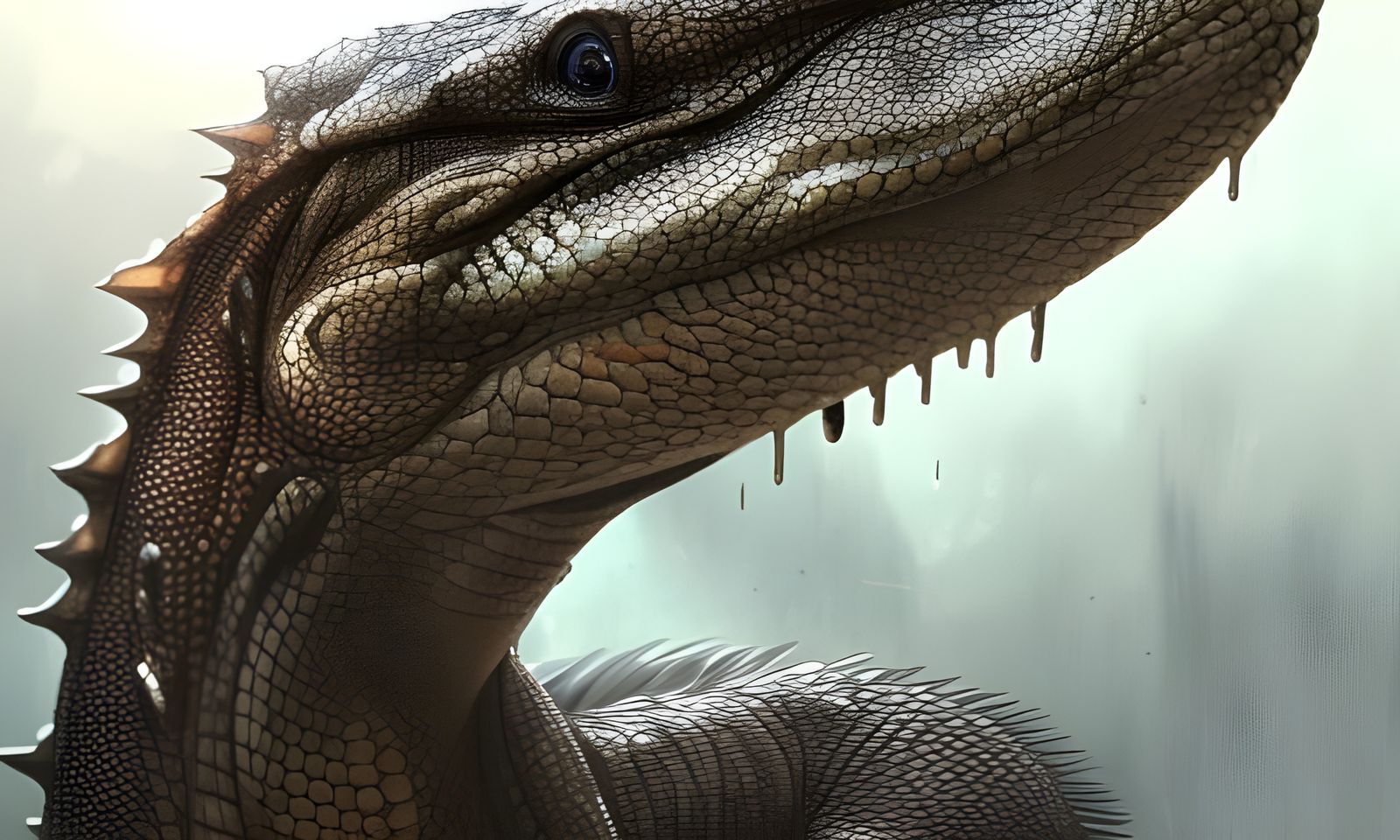 komodo dragon in foggy swamp toxic saliva dripping from jaws