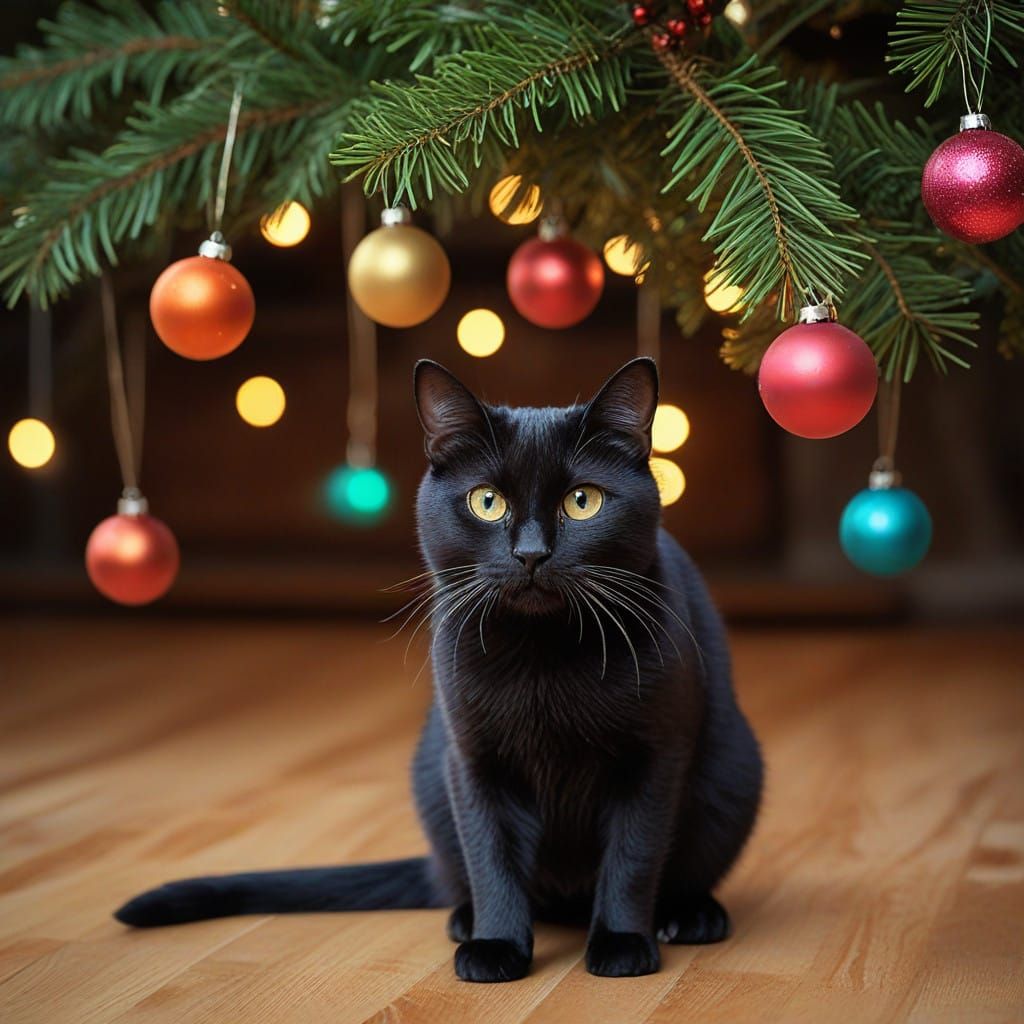 Christmas Tree Scene with Sleek Black Cat Ready to Pounce