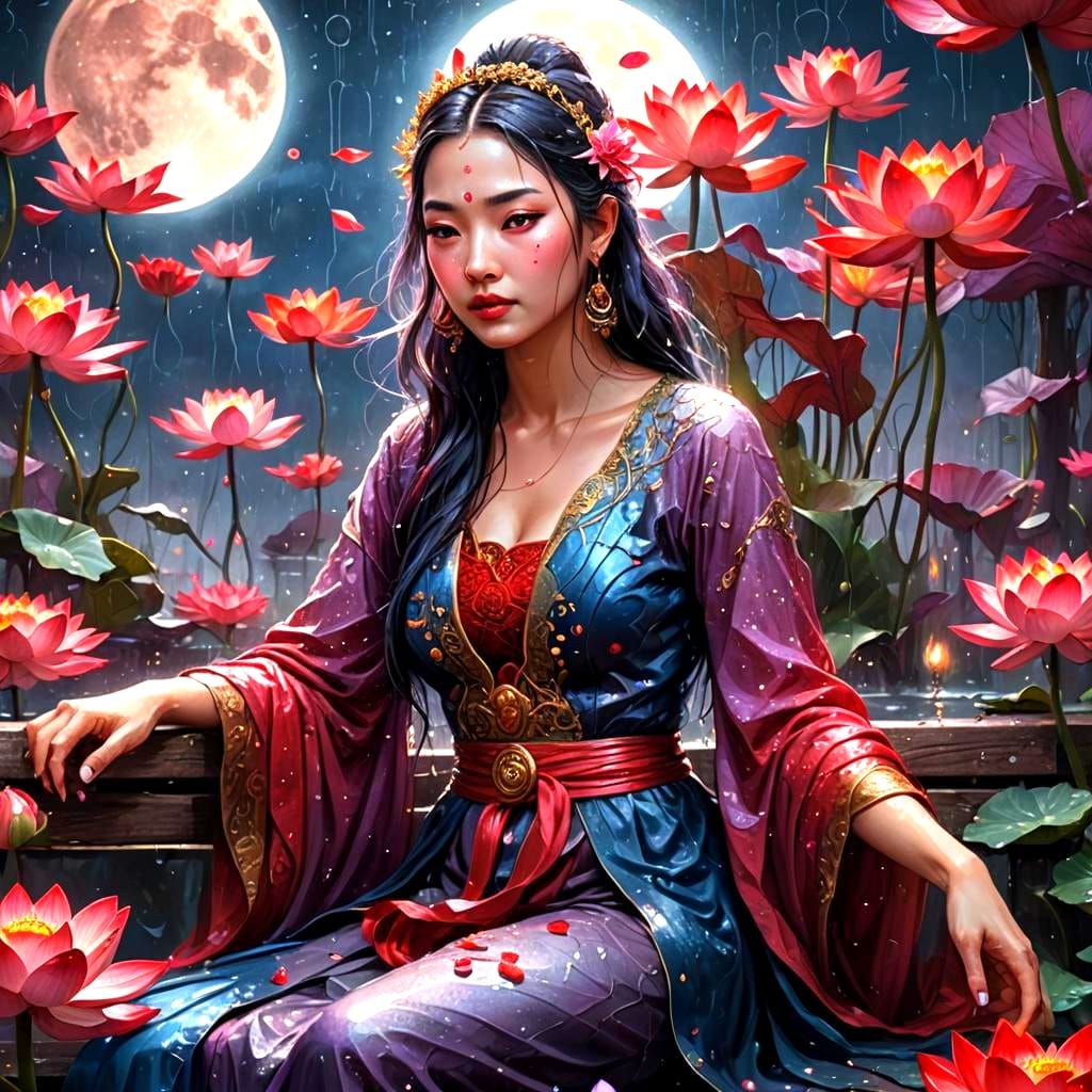 Stunning Woman on Bench with Red Lotus in Rain