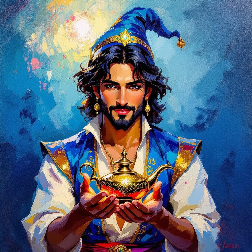 Aladdin with Magic Lamp Impasto Oil Painting