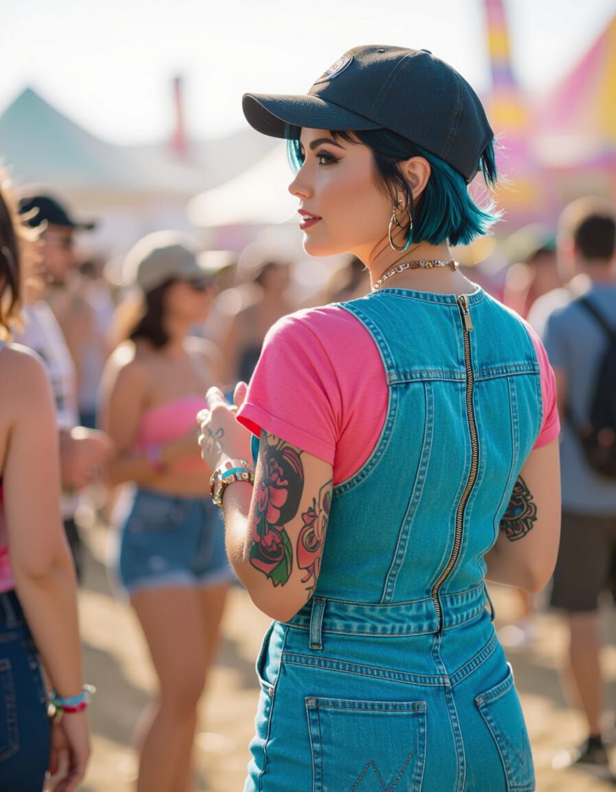 Woman in Turquoise Denim Jumpsuit at Festival