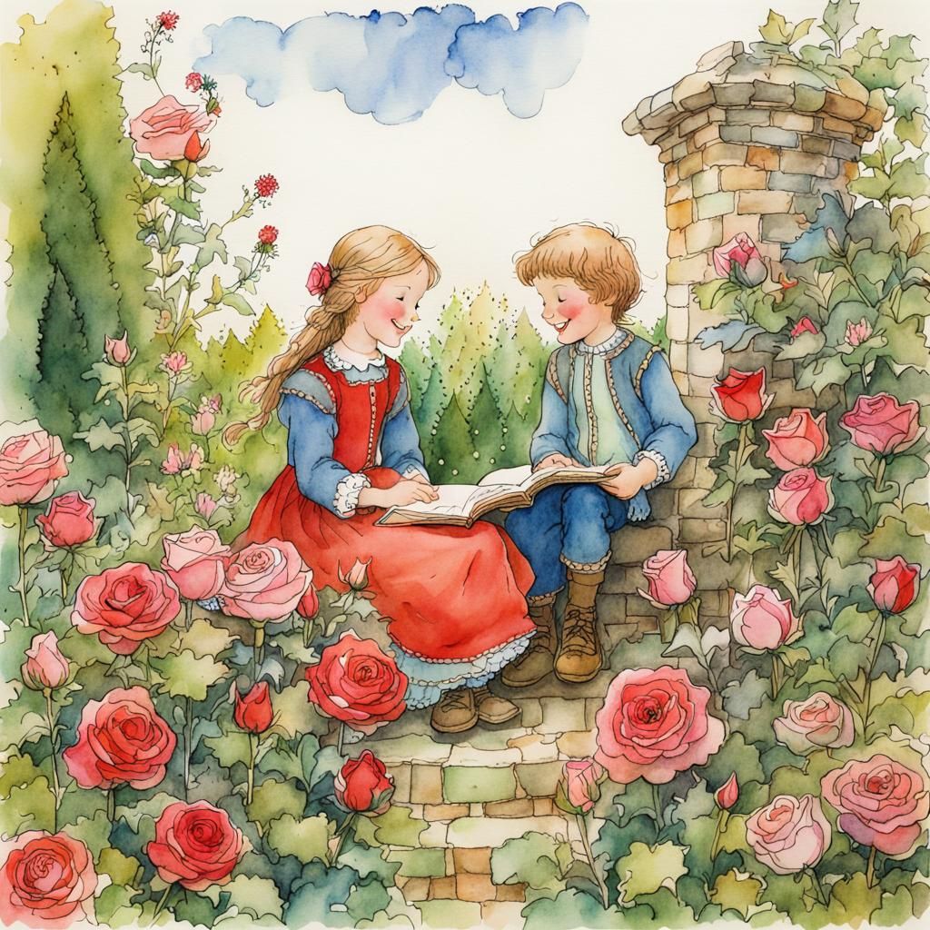 Children Reading in Rose Garden, Storybook Illustration