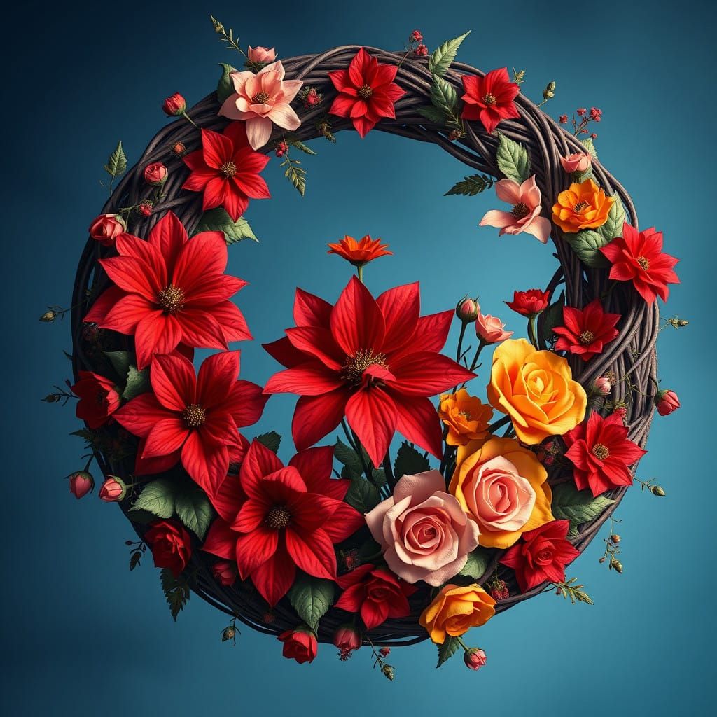 Whimsical Floral Wreath in Mystical Blue