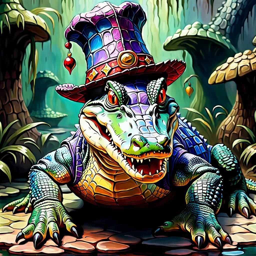 Alligator in Jester Hat, Expressionist Oil Painting