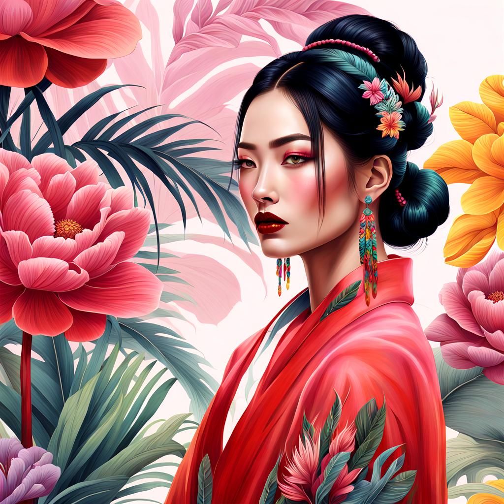 Asian Woman in Colorful Hand-Dyed Clothes, Digital Painting