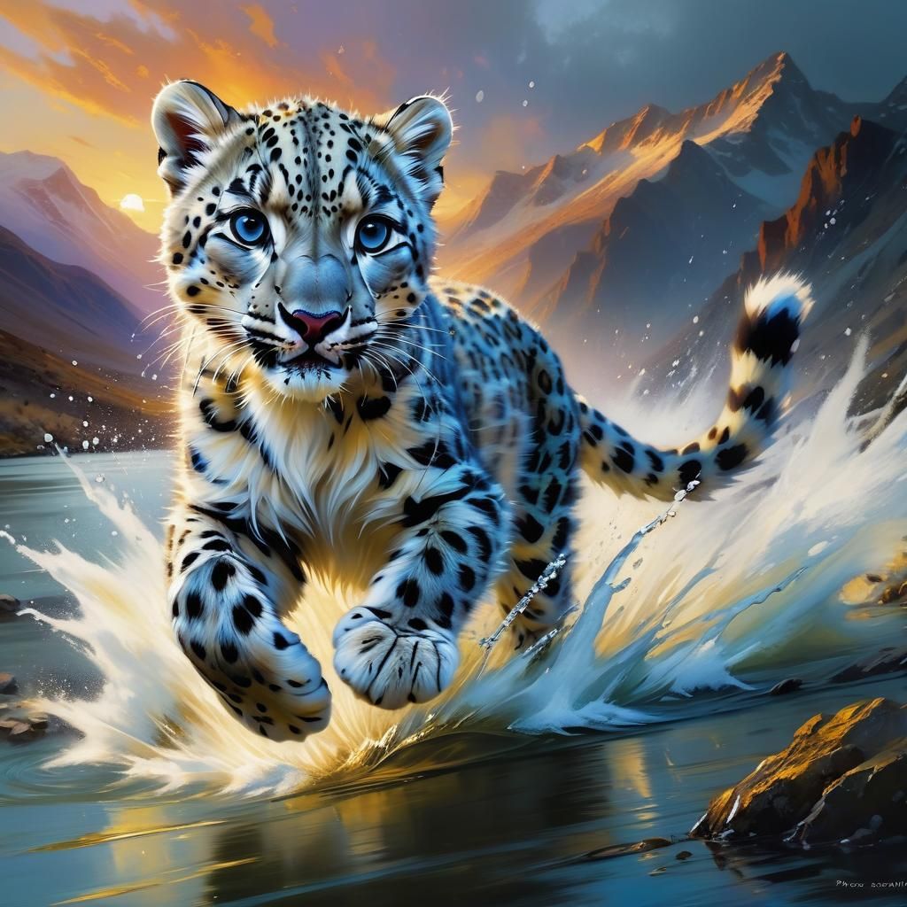 Snow Leopard Cub in Water, Detailed Matte Painting