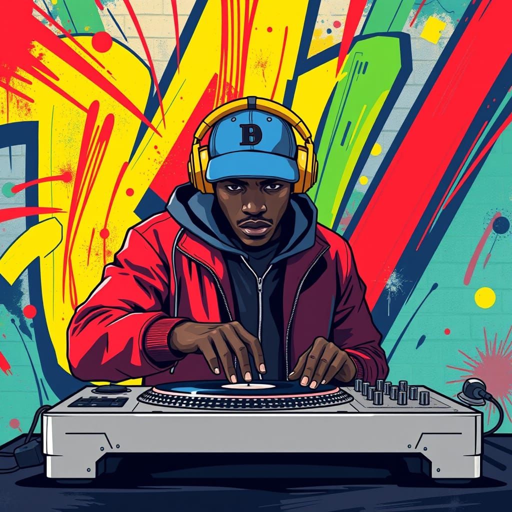 Energetic DJ Mixes Music in Street Art Style