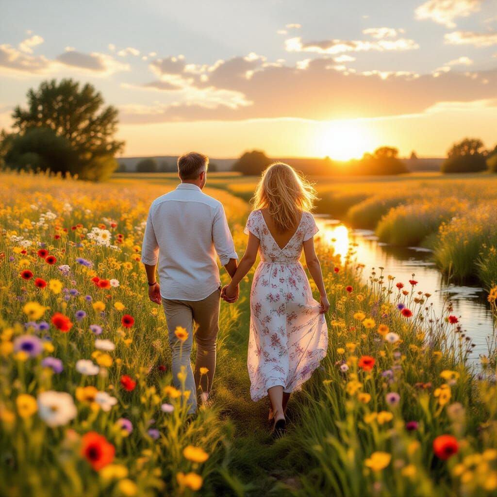 Couple Walks Through Wildflower Field at Sunset
