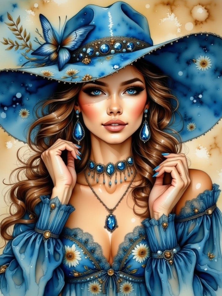 Woman in Blue Hat: Impressionist Art Nouveau Portrait