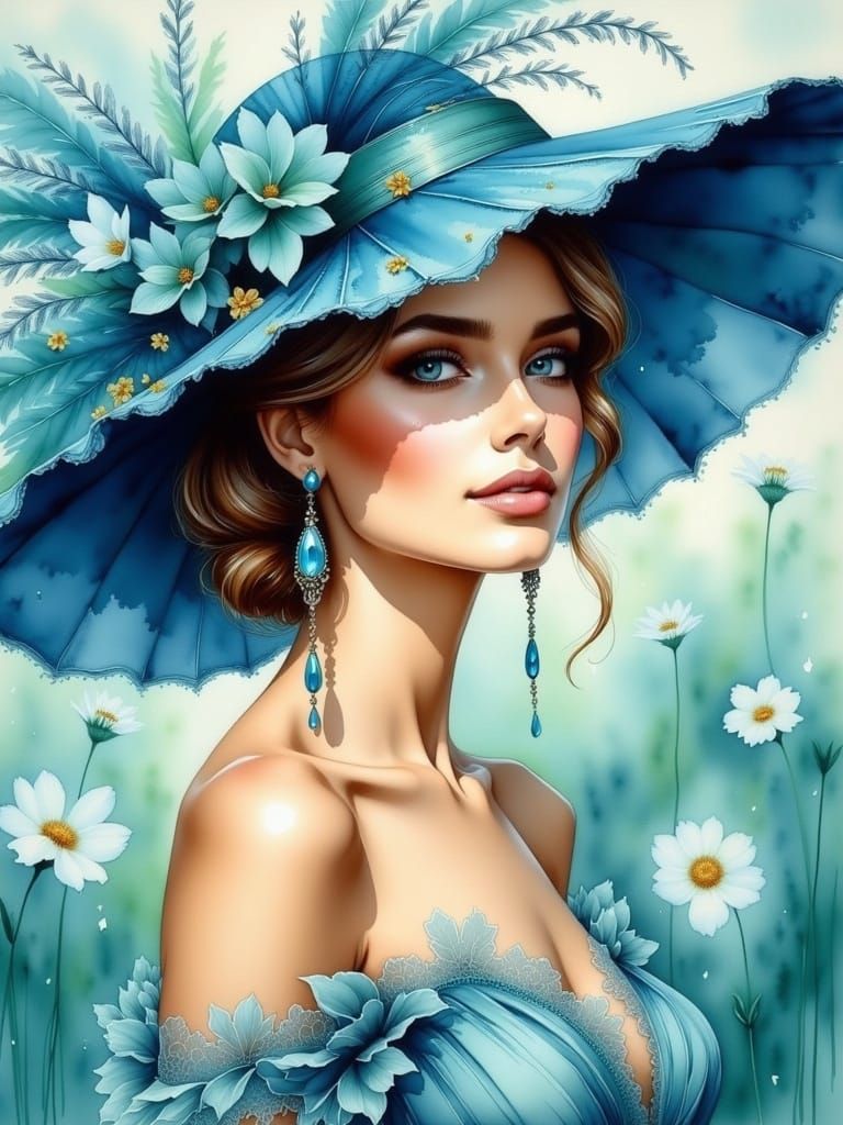 Elegant Woman in Blue Hat: An Impressionist Portrait