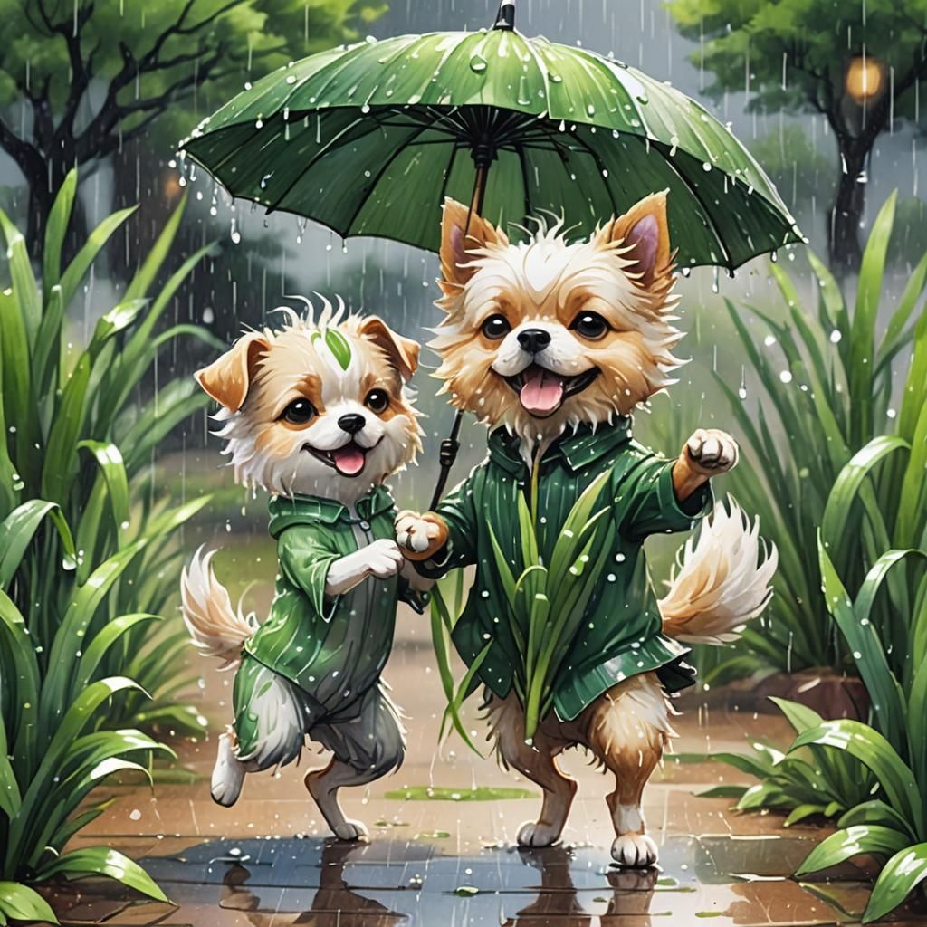 Chibi Green Onion and Dog Dancing in Rain, Anime Art