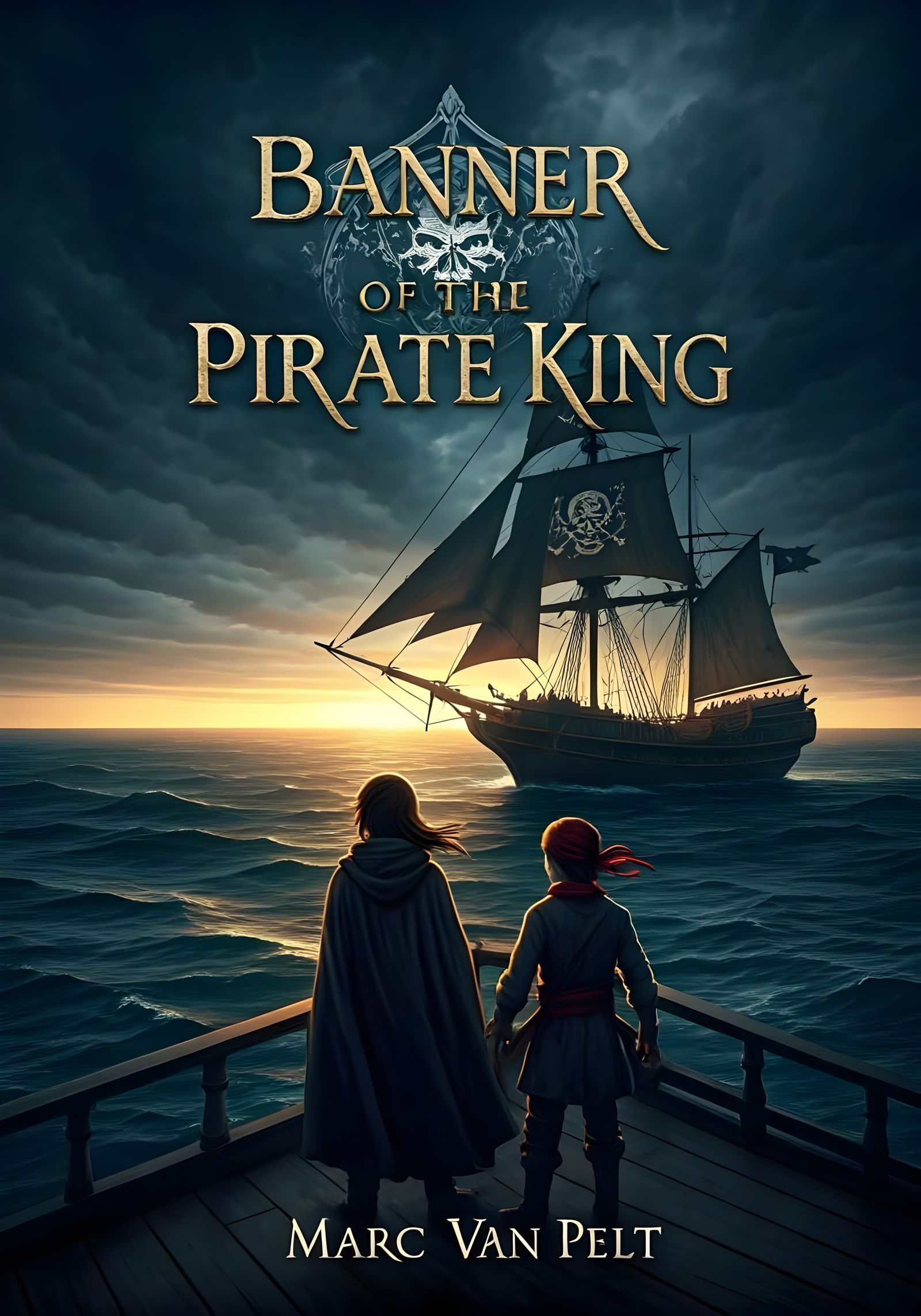 Pirate Ship in Stormy Sea with Adventurous Youth