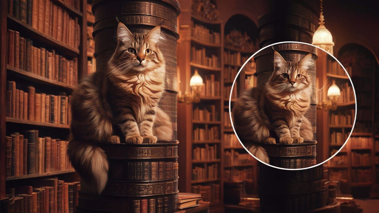 Maine Coon Cat in Enchanting Library, Kinkade Style