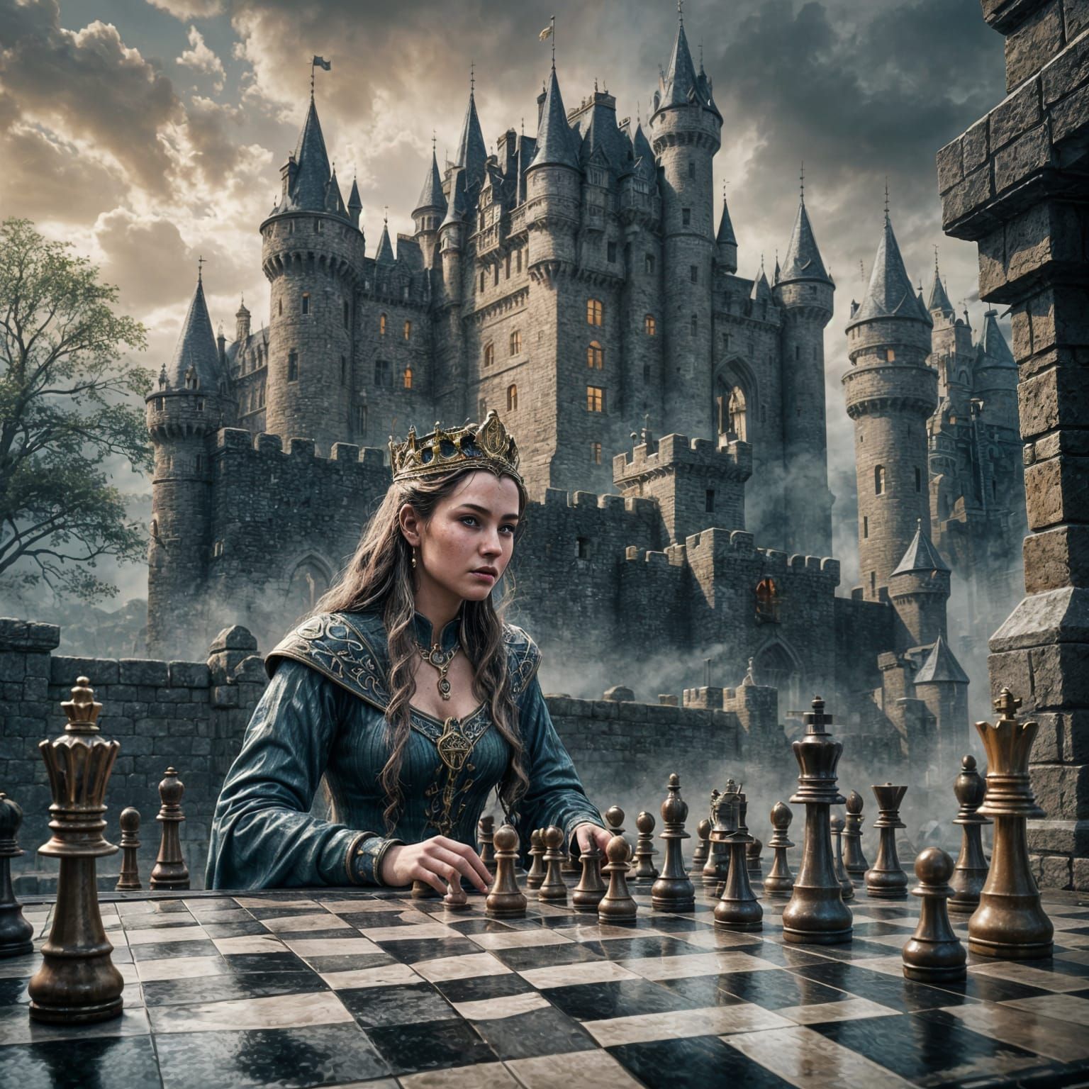 Chess Set with Castle: Detailed Matte Painting