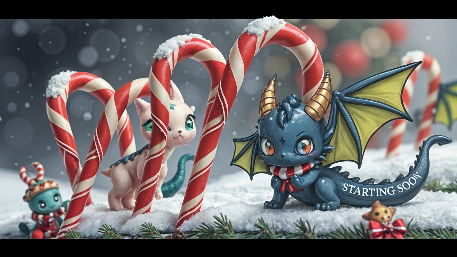 Whimsical Chibi Dragons Adorn Christmas Candy Cane Scene
