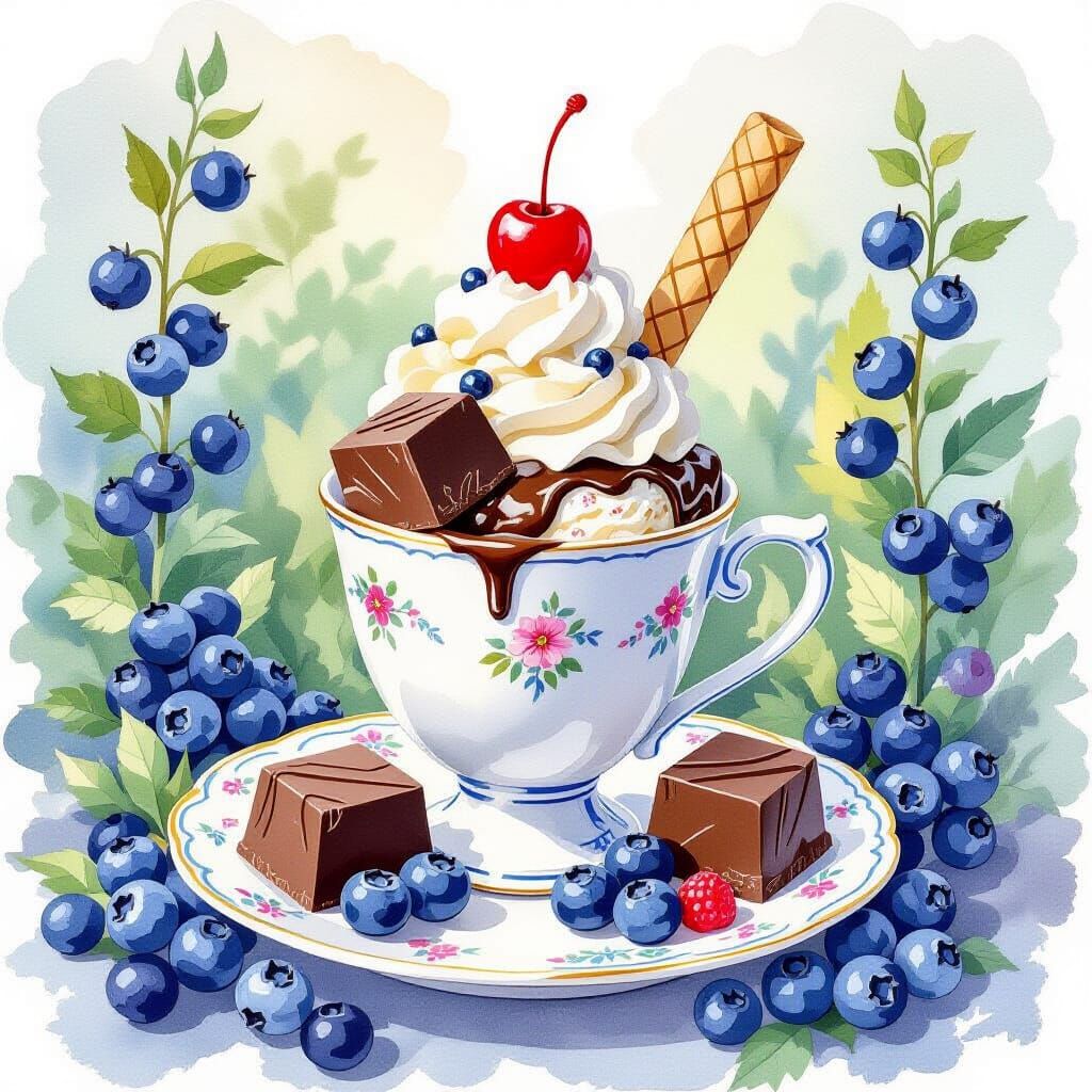 Chocolate, Ice Cream, and Blueberries in Watercolor Style