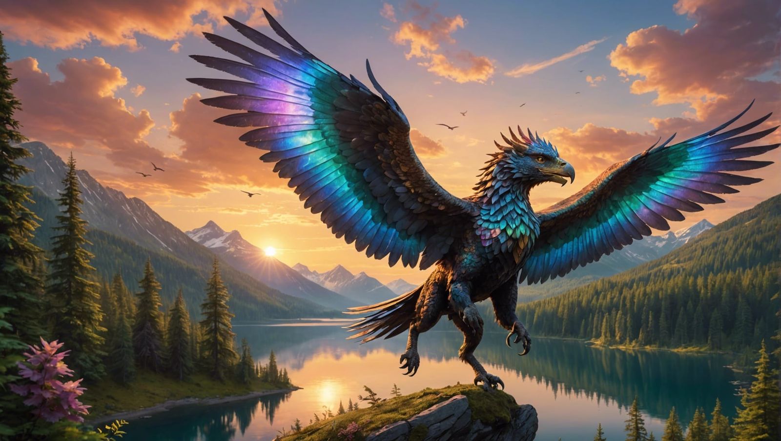 Majestic Griffin Flight Above Enchanted Forest