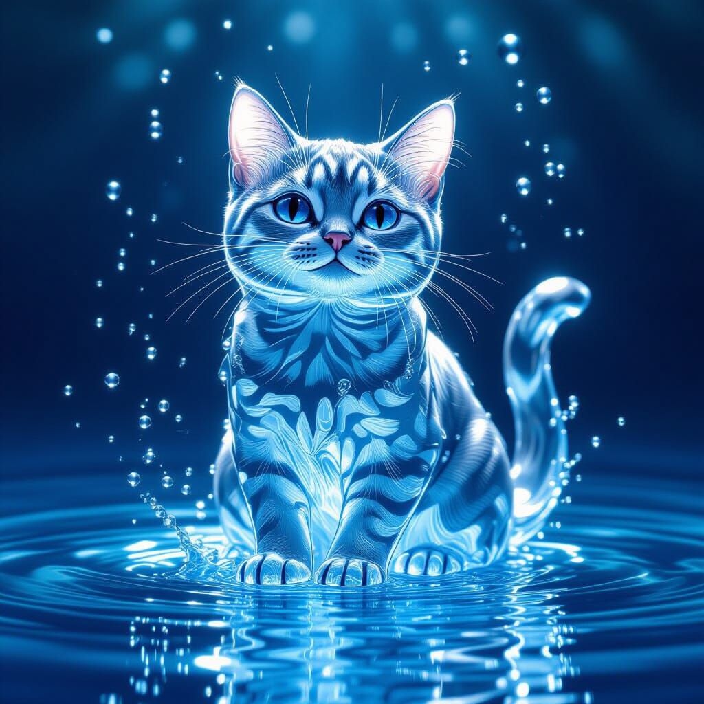 Water Cat Sculpture: Translucent Feline of Flowing Liquid