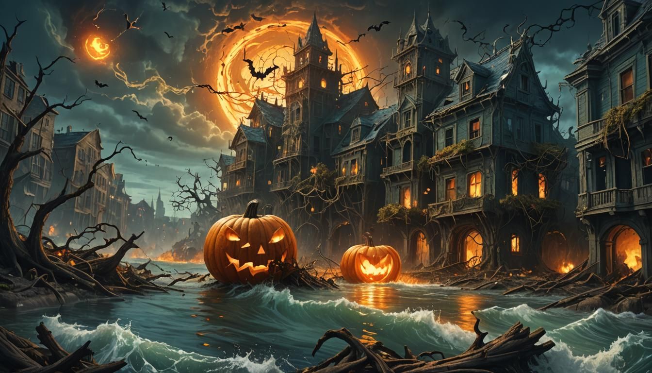 Dark Fantasy Landscape with Burning Buildings and Swirling H...