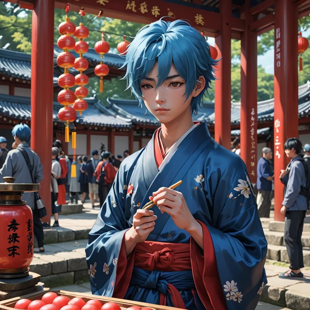 Anime Boy at Shrine Festival Eating Dango
