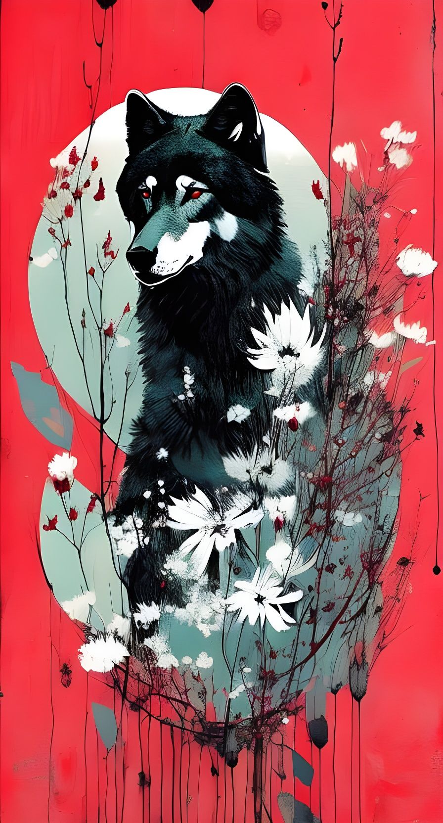 Ghost Wolf with Flowers in Dramatic Oil Painting Style