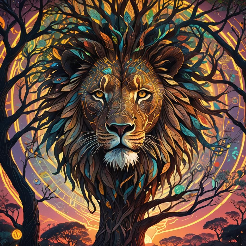 Lion's Head with Tree of Life in Low Poly Style