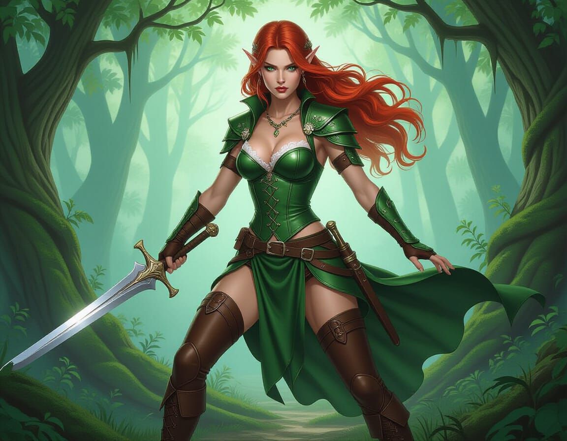 Elven Warrior in Enchanted Forest, Hyperdetailed