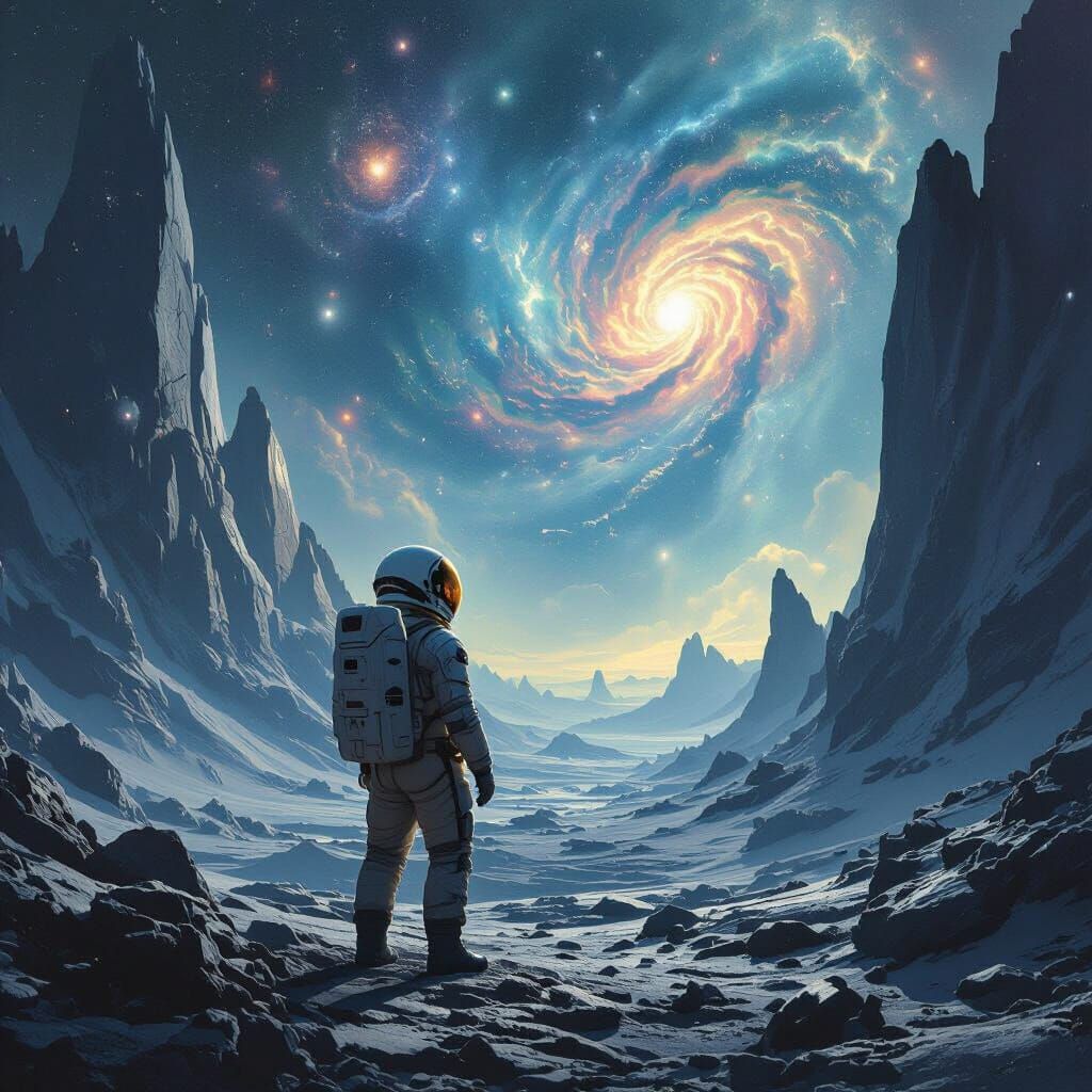 Astronaut Gazing at Cosmic Sky on Alien Planet