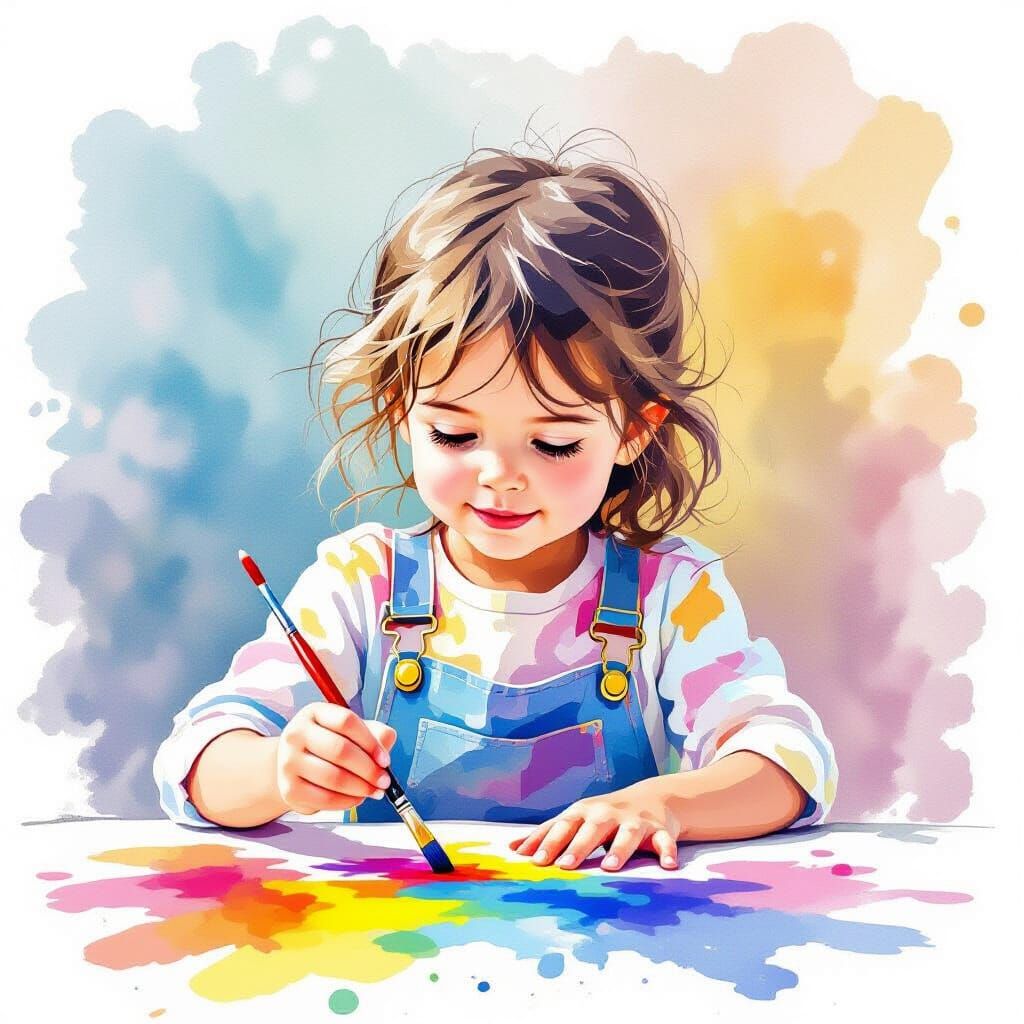 Joyful Child Painting with Bright Watercolor Splashes