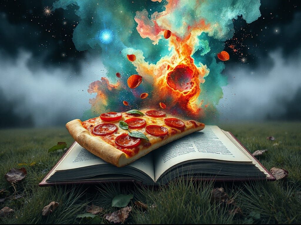 Pizza Nebula Emerging from Ancient Book as Watercolor