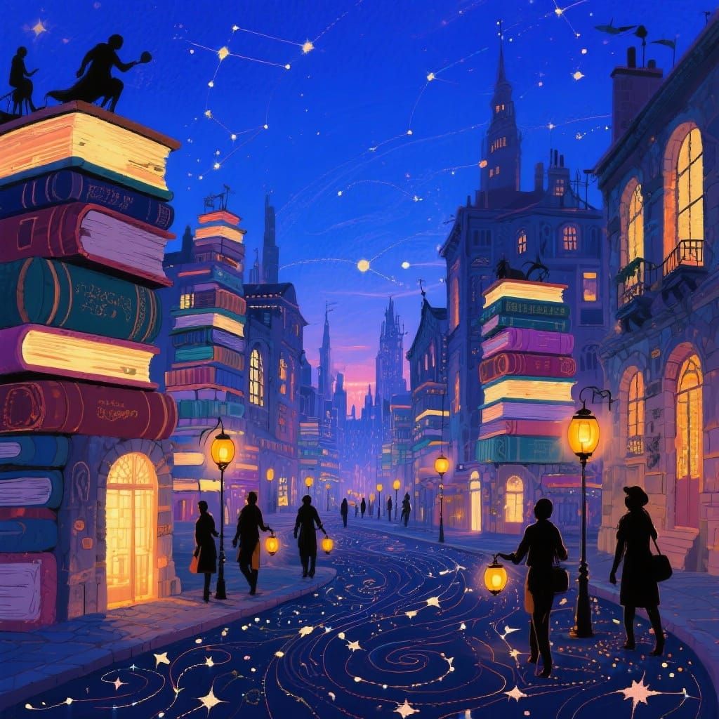 Magical Twilight City of Glowing Book Buildings