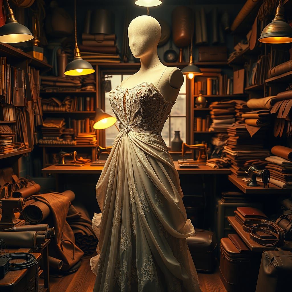 Luxurious Mannequin in Vintage Gown Amidst Sewing Workshop R...