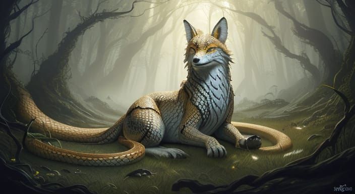 Fantasy Snake Fox Creature in Mystical Forest