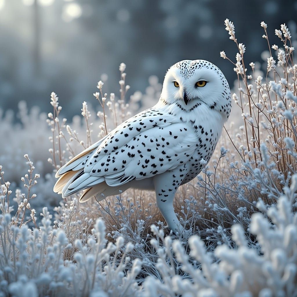 White Owl on Snowy Grass in Pixar Style
